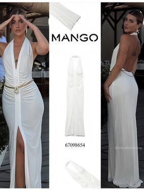 Mango MNG - white ruched v neck split front halter open back maxi dress